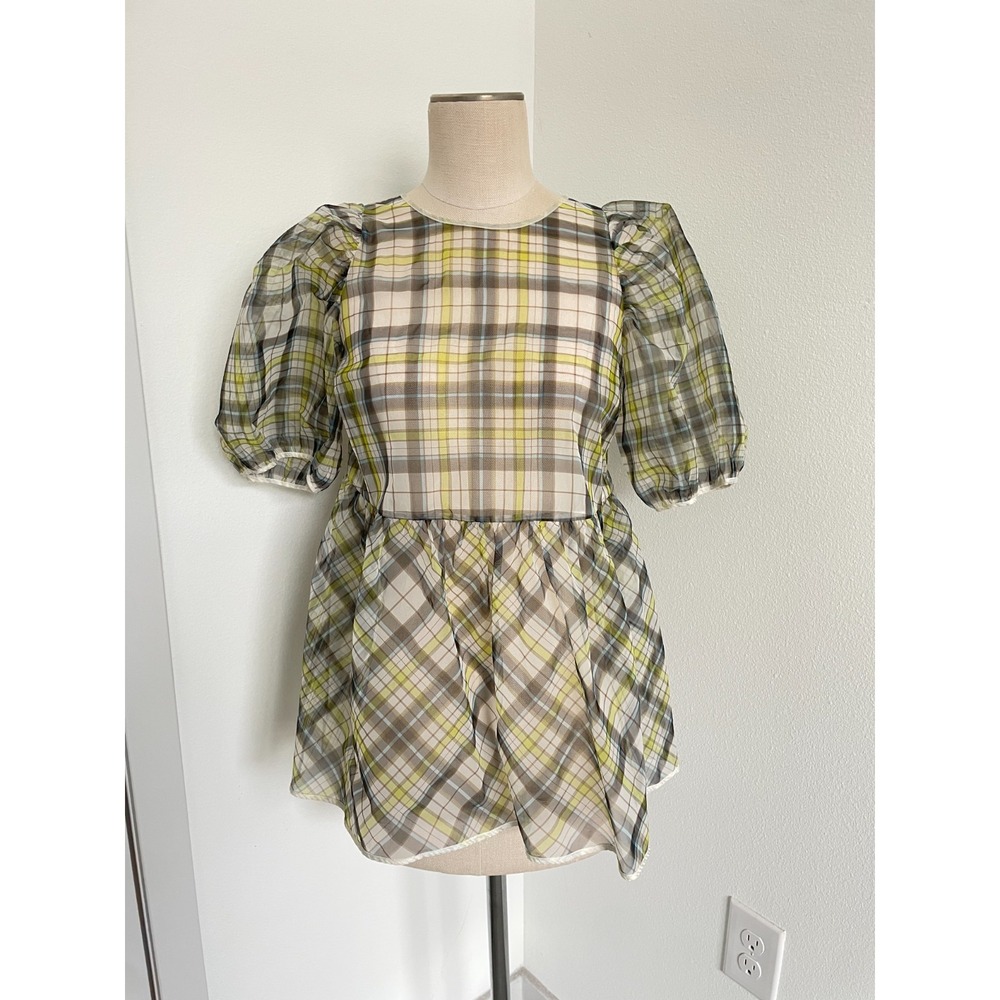 Aritzia‎ Le Fou Top Women XXS Green Plaid Sheer Casual Whimsy Baby Doll Puff